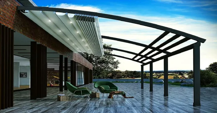 Açılır kumaş tavanlı antrasit pergola sistemi